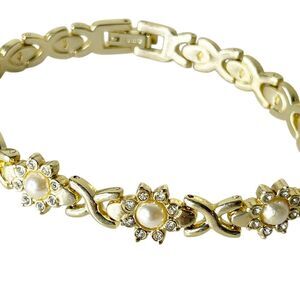 Vintage Avon Bracelet Gold Tone Chain Pearl Rhinestone 80s 90s Glam Formal Event